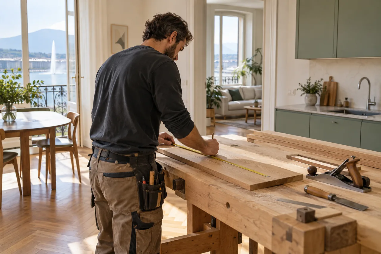 Illustration d’un menuisier préparant une pièce de bois dans un intérieur lumineux