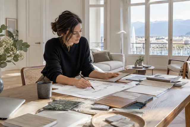 Illustration : Architecte étudiant des plans et des échantillons