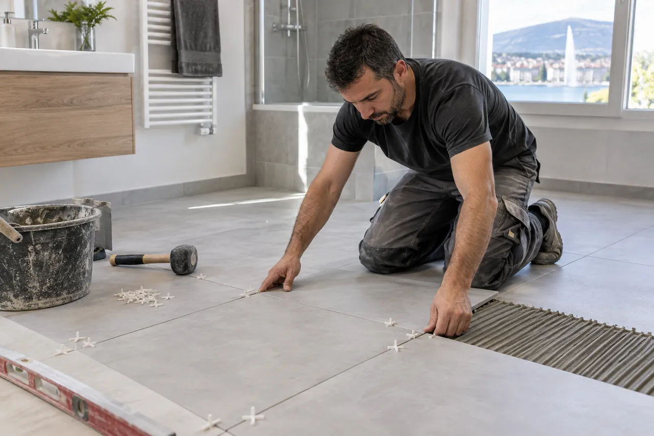 Illustration : Carreleur posant des carreaux dans une salle de bains