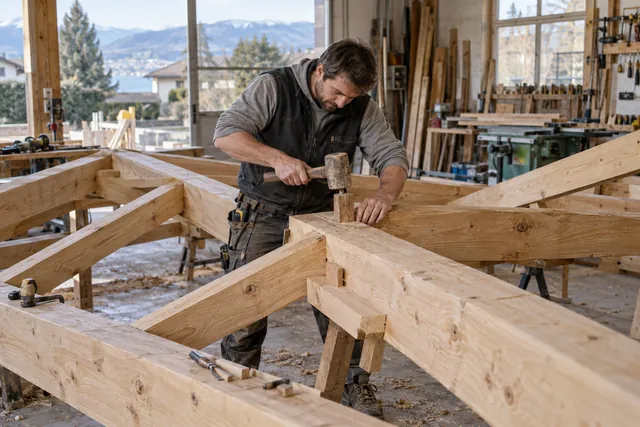 Illustration : Charpentier assemblant une structure en bois