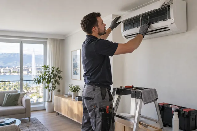 Illustration : Technicien entretenant un climatiseur