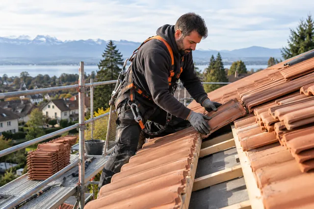 Illustration : Couvreur travaillant sur une toiture en tuiles