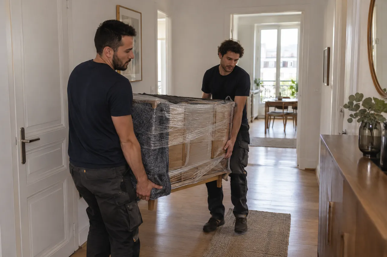Illustration : Déménageurs transportant un meuble protégé