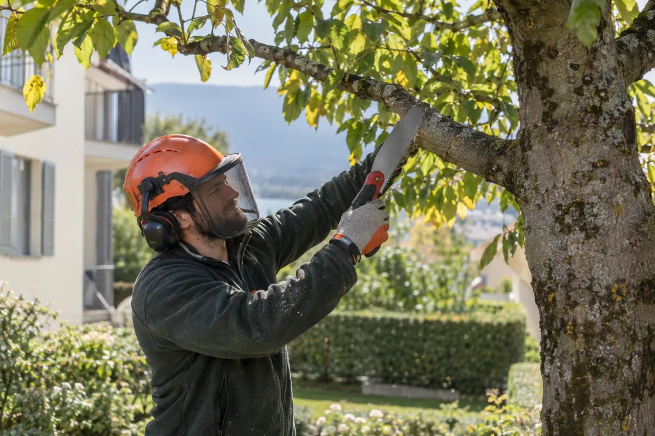 Illustration : Élagueur taillant une branche basse
