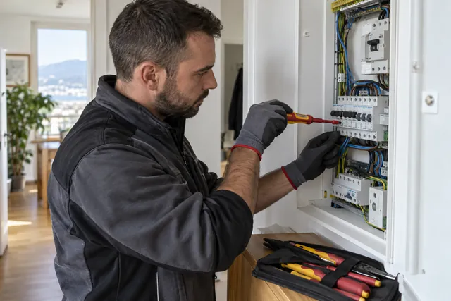 Illustration : Électricien contrôlant un tableau électrique