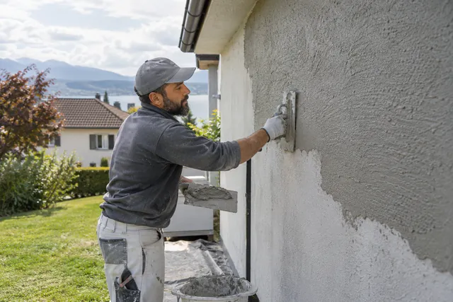 Illustration : Façadier appliquant un enduit extérieur