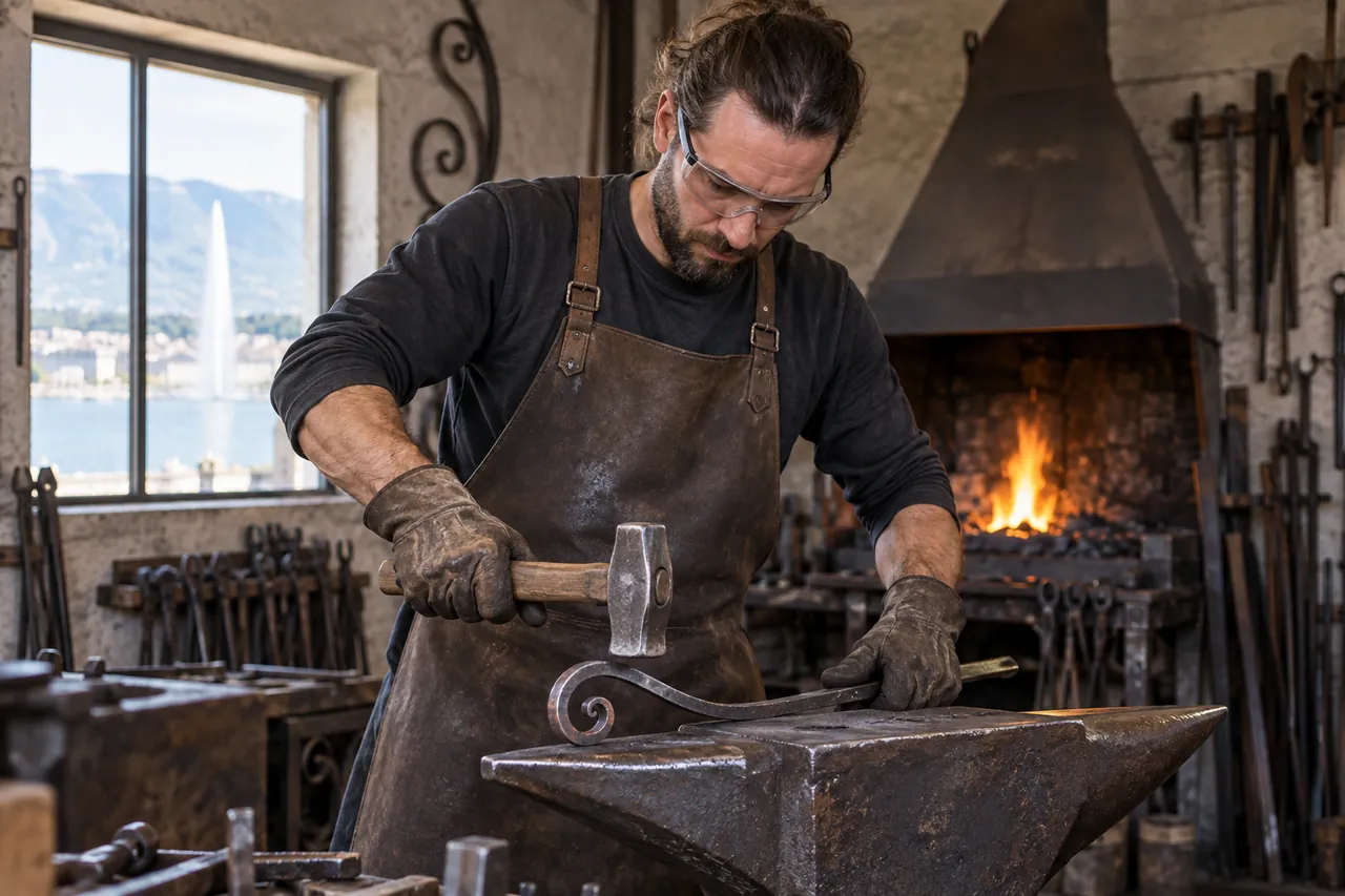 Illustration: Blacksmith shaping a decorative steel scroll at an anvil with hammer and eye protection in a traditional workshop