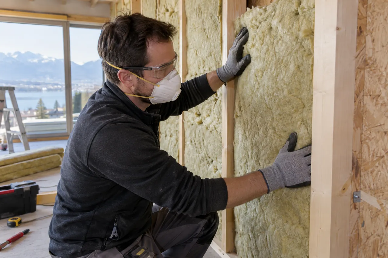 Illustration: Insulation installer wearing gloves mask and goggles fitting mineral wool batts into a timber wall frame
