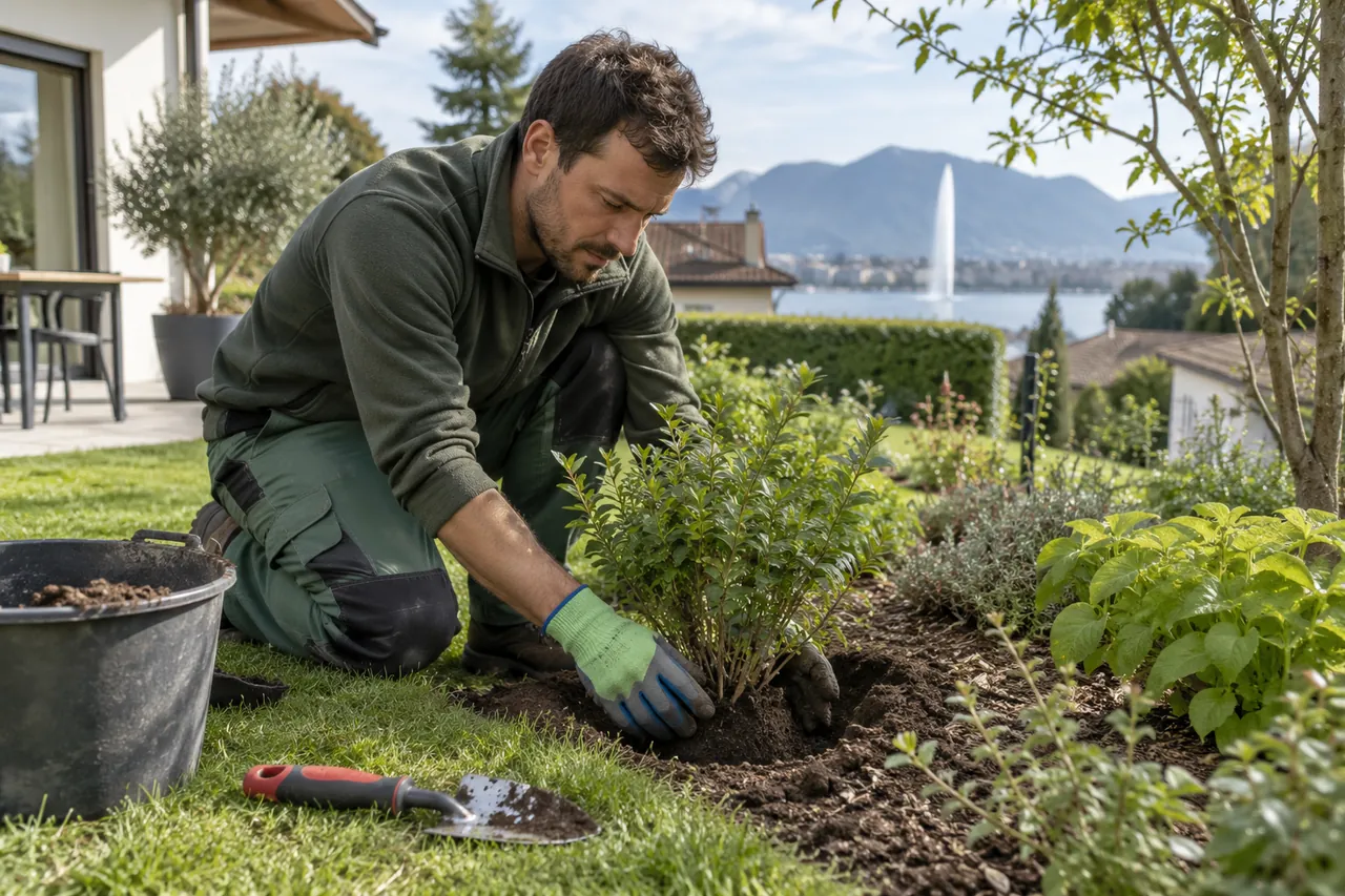 Illustration : Jardinier-paysagiste plantant un arbuste