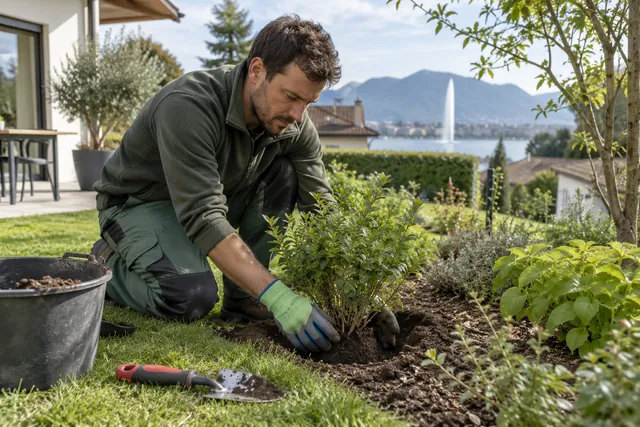 Illustration : Jardinier-paysagiste plantant un arbuste