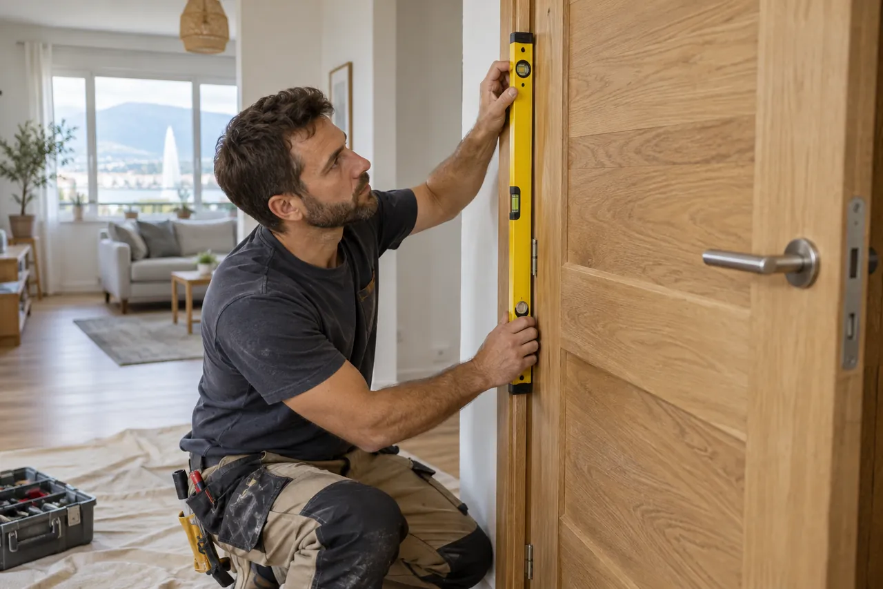 Illustration : Menuisier ajustant une porte en chêne