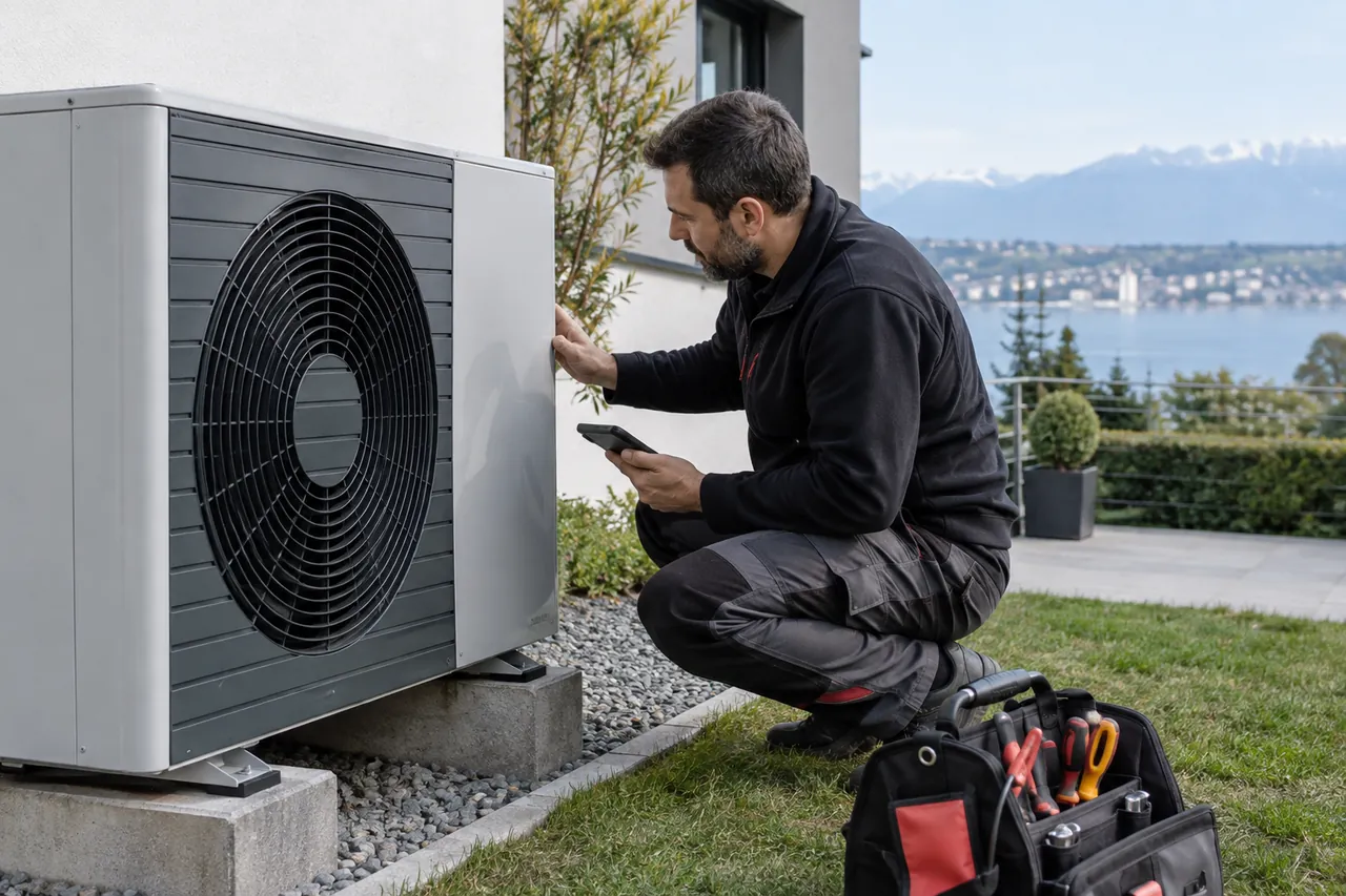 Illustration : Installateur contrôlant une pompe à chaleur