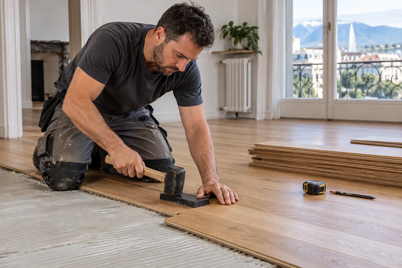 Illustration : Poseur ajustant des lames de parquet