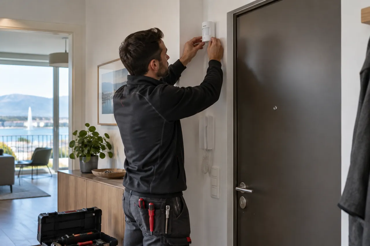 Illustration : Installateur posant un capteur de sécurité