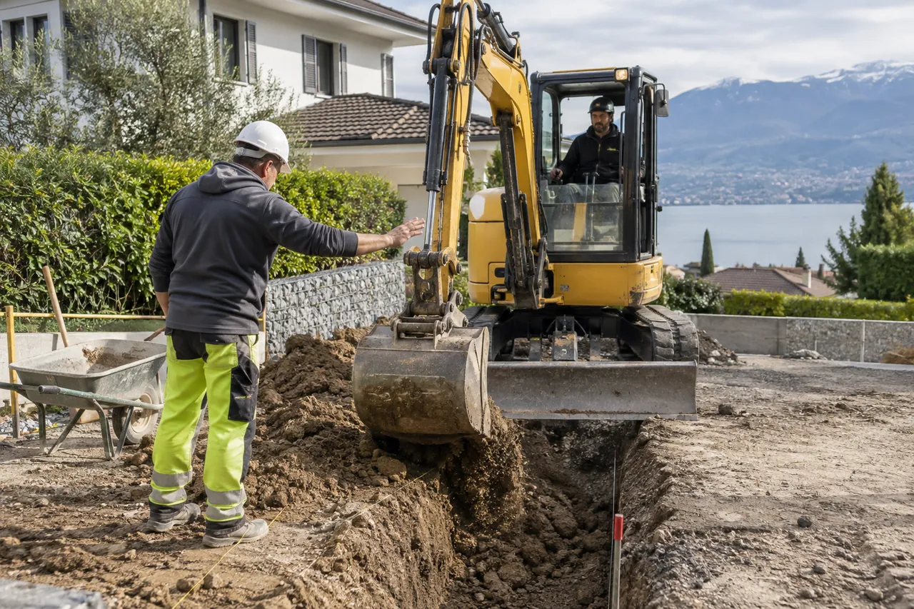 Illustration: Earthworks contractor wearing a hard hat guiding a compact excavator digging a shallow foundation trench at a residential site